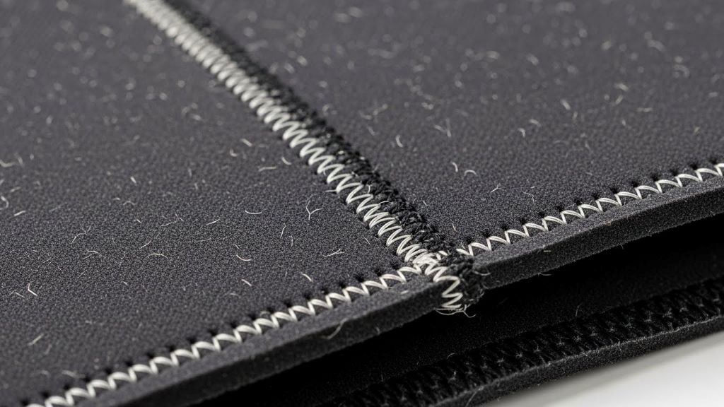 Close-up detail of sustainable plant-based neoprene material used in shorty wetsuit construction