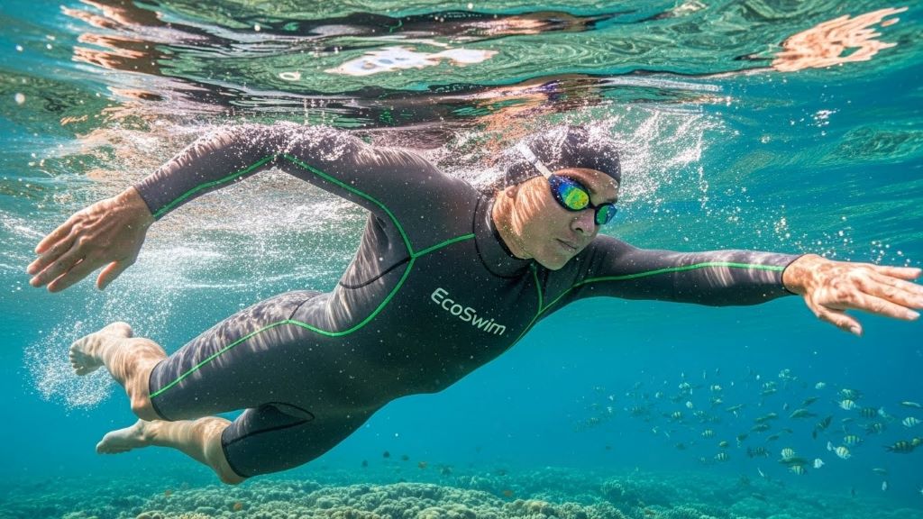 Swimmer wearing eco-friendly limestone-based shorty wetsuit in clear ocean water