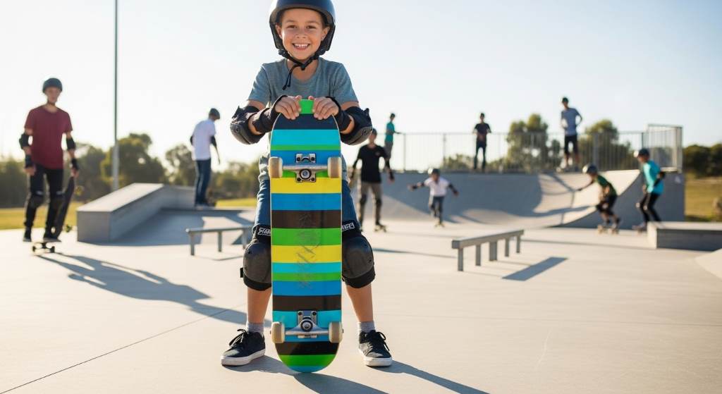 Excited beginner gripping a colorful skateboard deck in a sunny skate park, ready for first push.