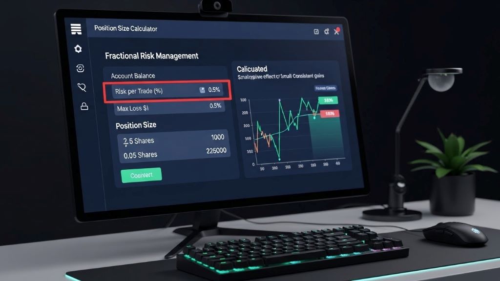 Trading position size calculator displaying fractional risk management for small account strategies
