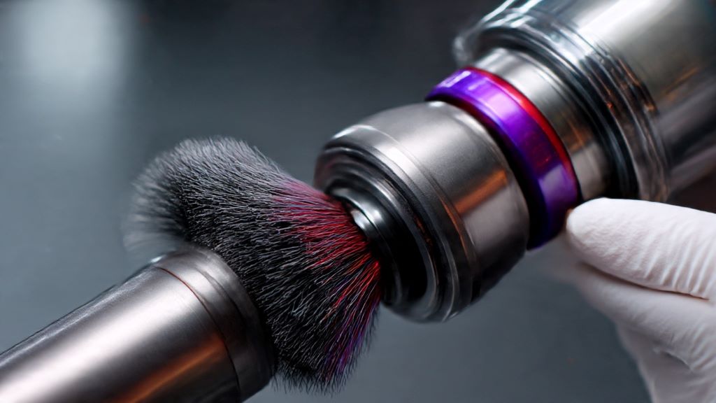 2. Close-up view of Dyson vacuum wand being cleaned with flexible brush to remove dust and hair blockage