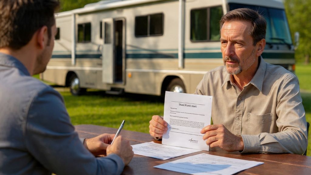 Motorhome owner signing vehicle title transfer document at table with buyer during private sale transaction