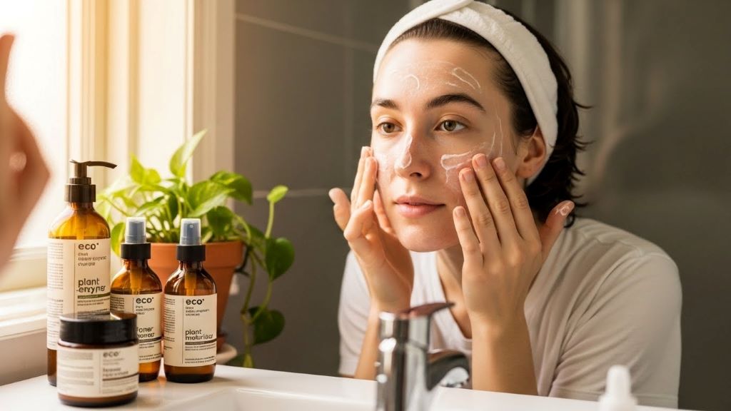 Person with sensitive skin applying gentle plant-enzyme cleanser to face in bathroom with eco-friendly product bottles nearby