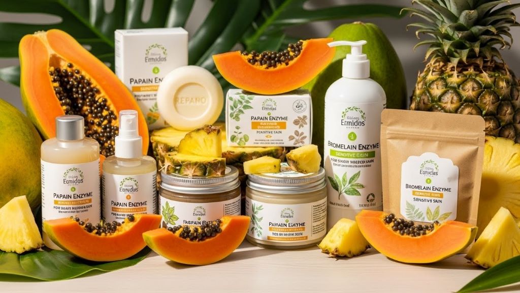 Plant-based hygiene products displayed with fresh papaya and pineapple showing natural enzyme sources for sensitive skin care