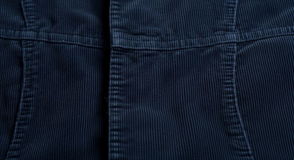 Close-up of navy blue corduroy jacket texture showing distinctive ribbed pattern