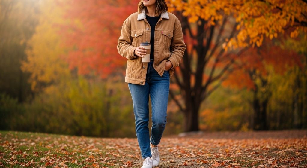 Stylish person wearing tan corduroy jacket with jeans in autumn setting