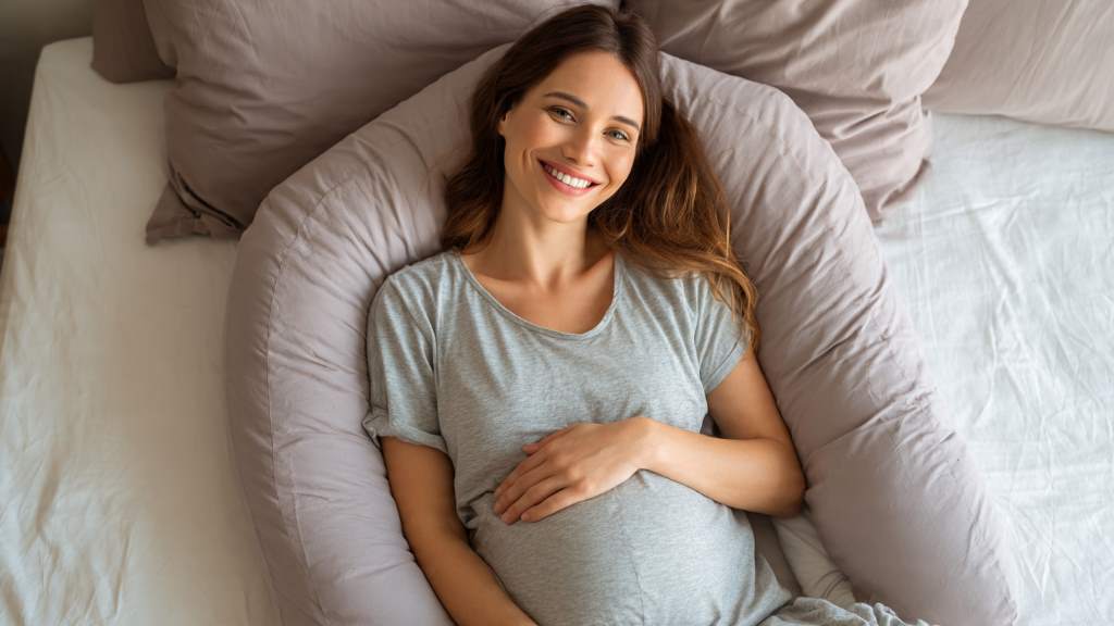 A pregnant woman smiling in bed, cradled by a U-shaped maternity pillow for sciatica relief.