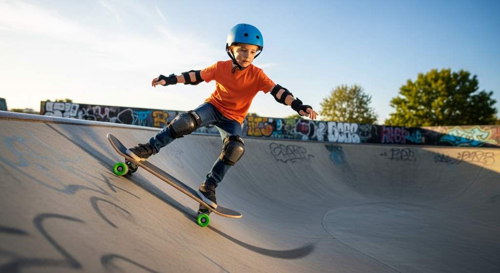 Young rider carving turns on a stable starter skateboard at urban concrete ramp under blue sky.