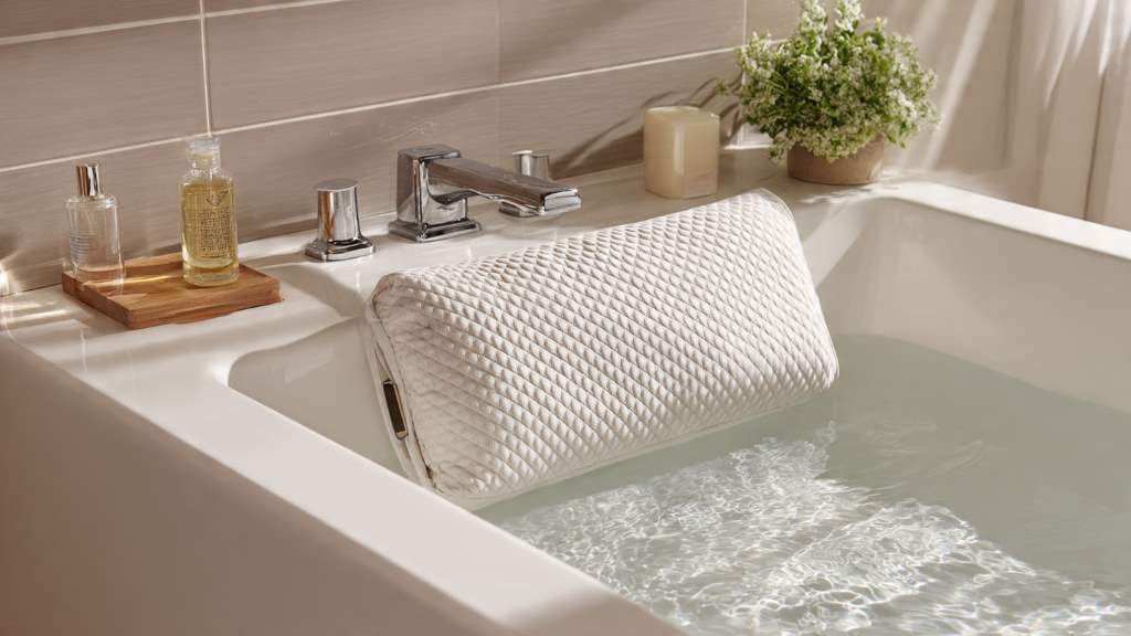 Close-up of non-slip suction cups on a bath pillow gripping a curved tub surface, highlighting secure attachment for effortless relaxation.