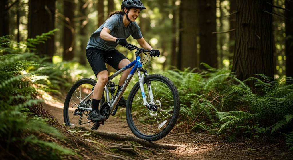 A new rider smiles while pedaling a cheap mountain bike under 500 on a forested trail, showcasing reliable suspension in action.