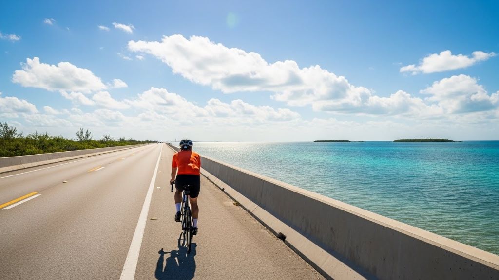 Cyclist riding along Overseas Highway with turquoise ocean waters and blue sky in Florida Keys