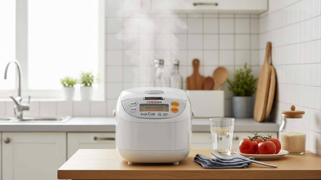 Compact Toshiba 3-cup rice cooker sitting on a small kitchen counter with steam rising