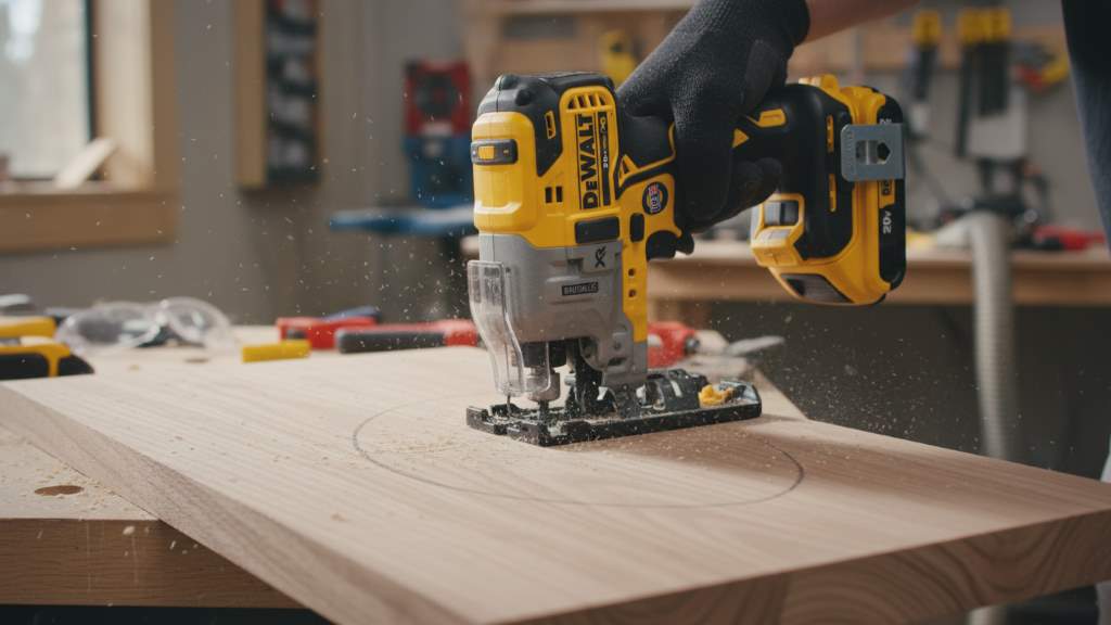 DEWALT 20V MAX XR Jig Saw cutting curved patterns in hardwood during a woodworking project