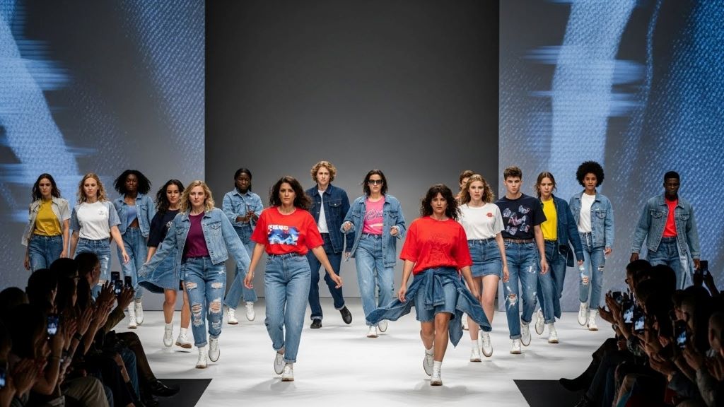 Casual fashion show featuring diverse models in denim and tee combinations with contemporary choreography