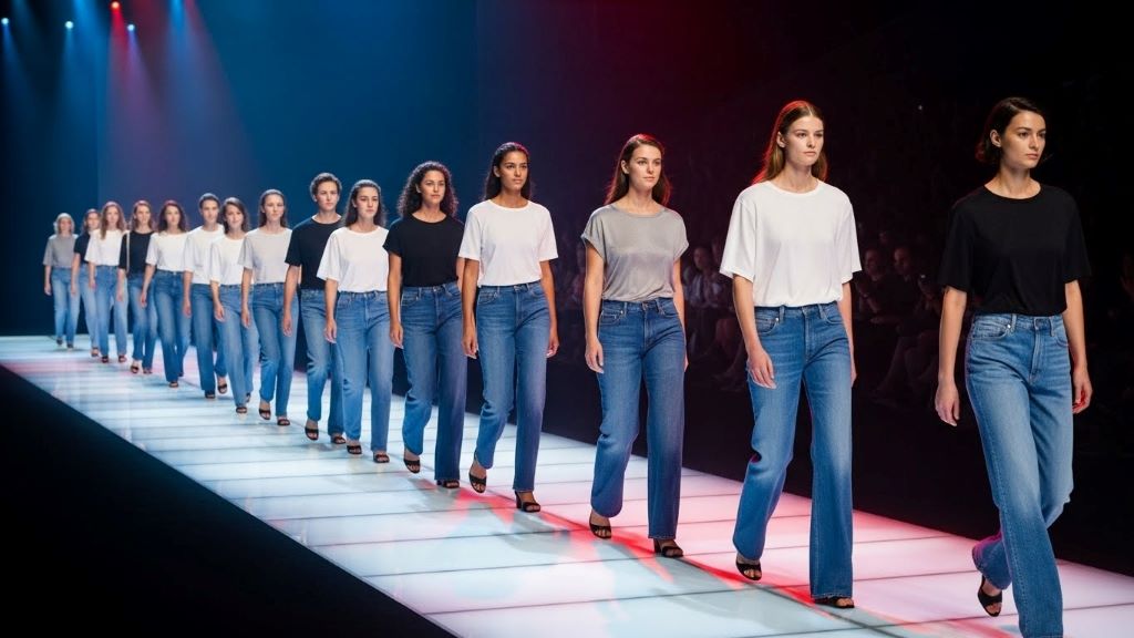 Models walking down fashion runway wearing jeans and plain t-shirts with dynamic stage lighting