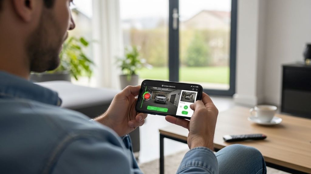 Homeowner using smartphone app to remotely control and monitor smart garage door opener from living room