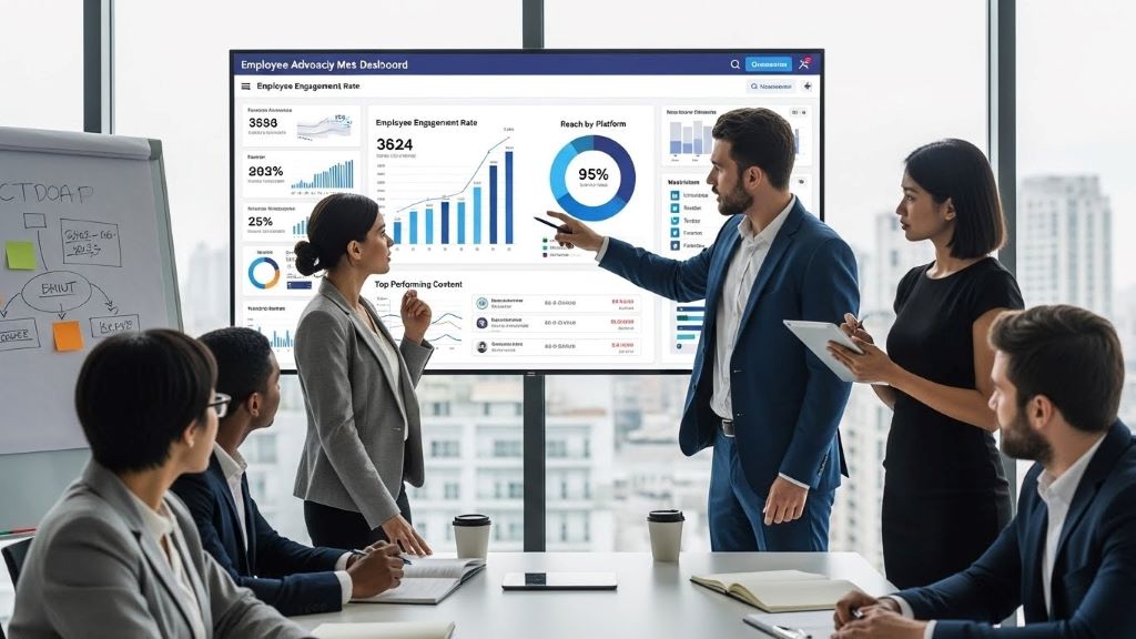 Business team reviewing employee advocacy metrics dashboard showing engagement and reach statistics