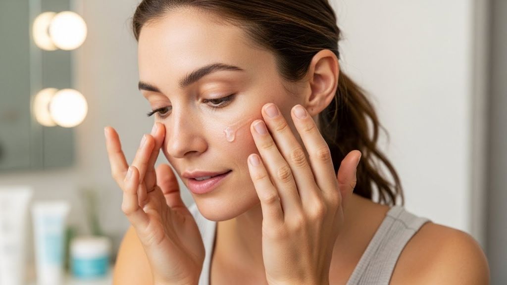 Woman applying peptide serum to face following proper layering technique for optimal skincare results