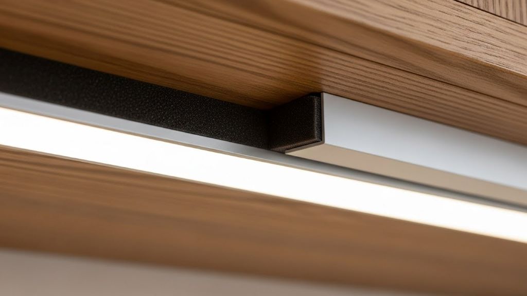 Foam tape strips installed between under-cabinet lighting fixture and wooden cabinet surface to reduce vibration noise