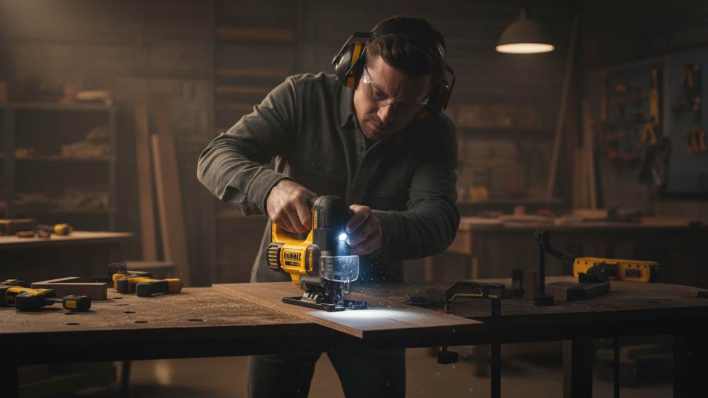 Woodworker using DEWALT 20V MAX XR Jig Saw with LED light in a dimly lit workshop for precise bevel cuts