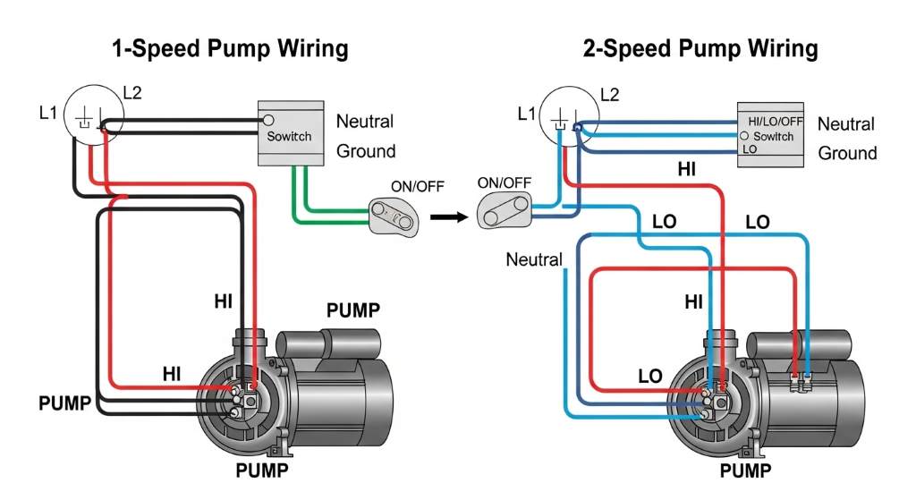 1-speed spa pump wiring diagram showing single hot wire and common terminal