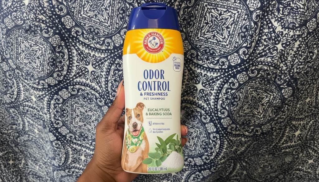 Bottle of dog shampoo displaying key natural ingredients like baking soda and eucalyptus