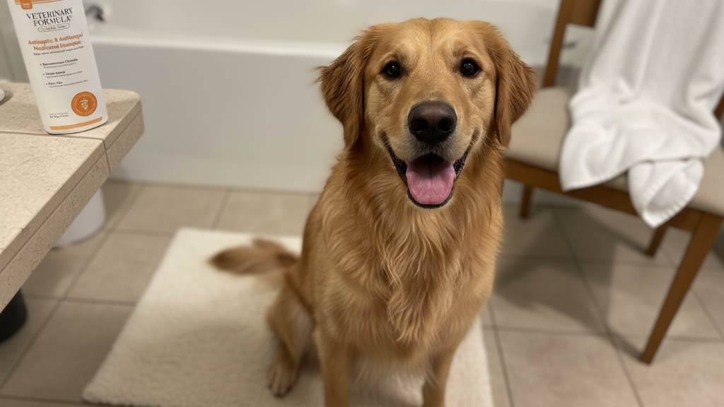 Happy dog after bath with antiseptic shampoo showing shiny coat and no itching