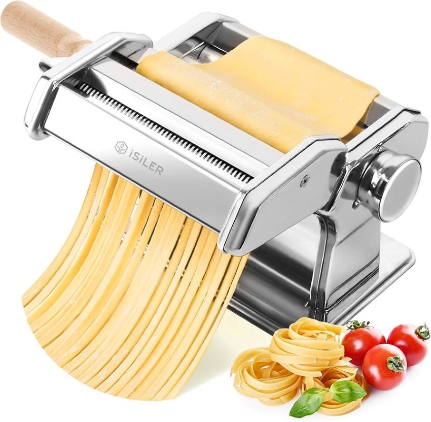 ISILER pasta maker with 9 adjustable thickness settings, ready for homemade pasta.