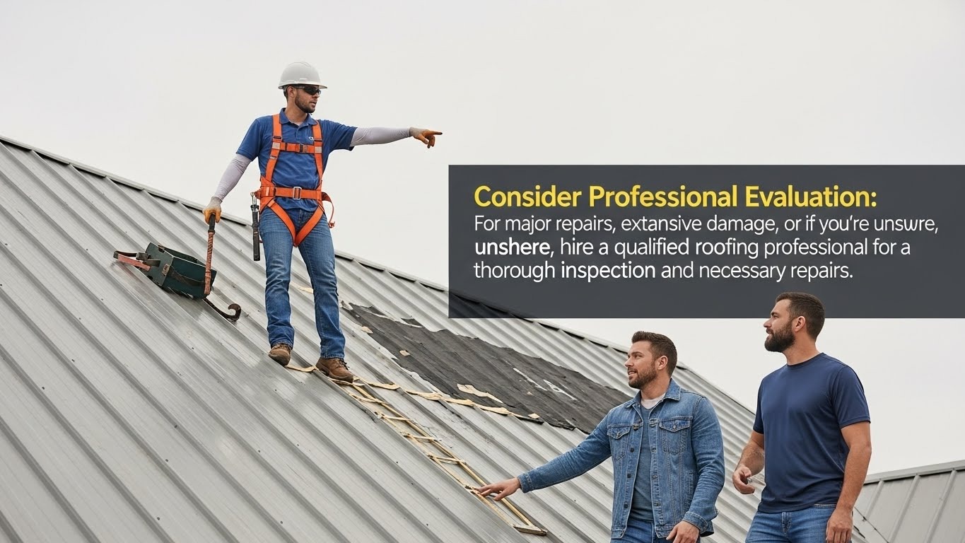 Metal roof inspection checking fasteners and seams