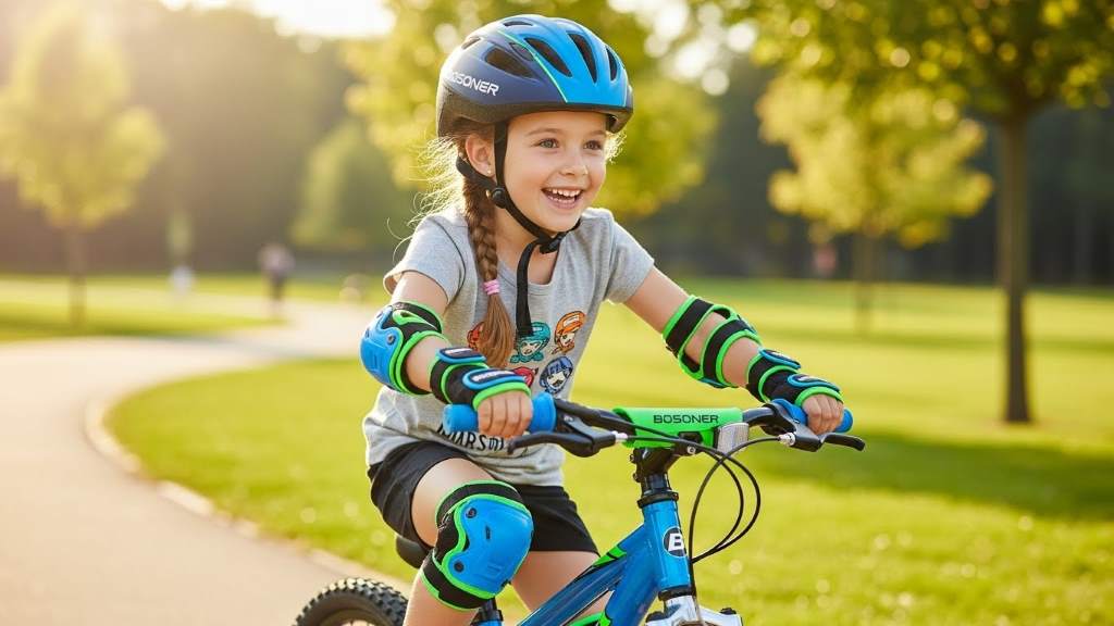 Young girl smiling on a bicycle with full BOSONER protective pads for outdoor sports fun