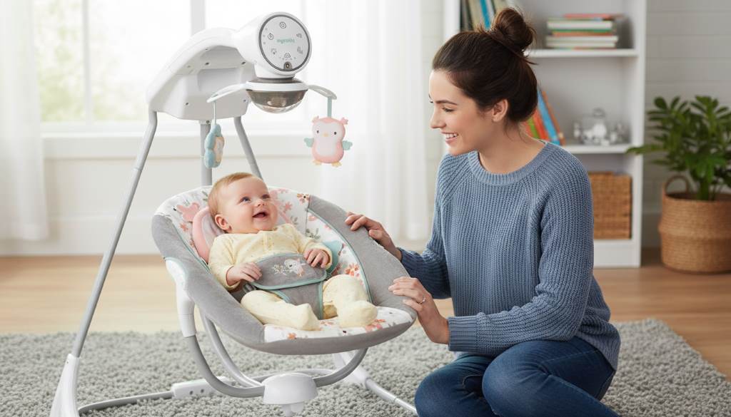 Baby awake and smiling in reclined swing with parent supervising nearby