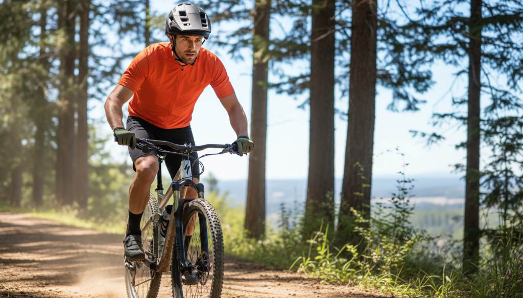 Cyclist wearing a properly fitted affordable bike helmet while riding on a sunny trail