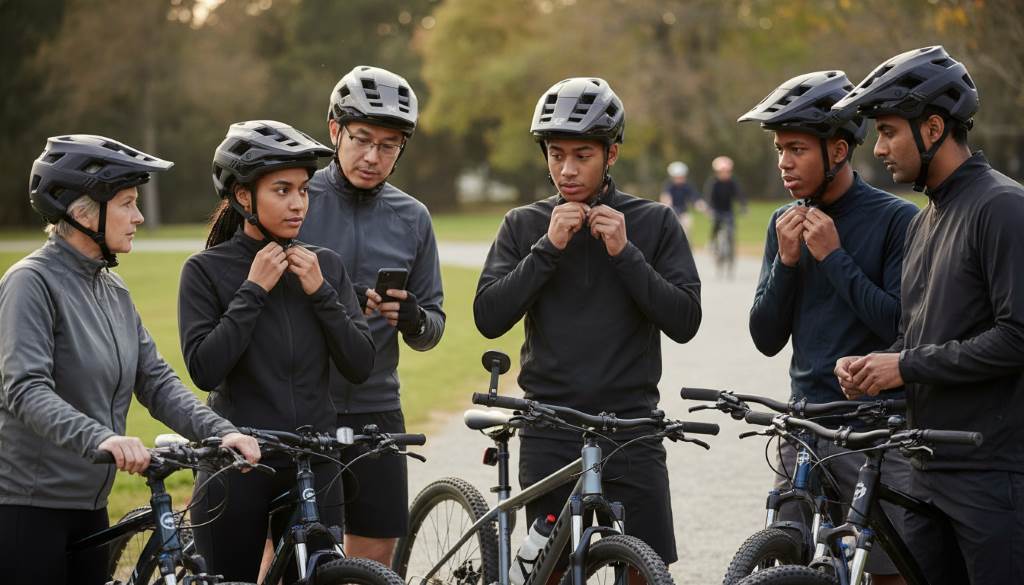 Group of diverse riders adjusting budget-friendly bike helmets before a group ride