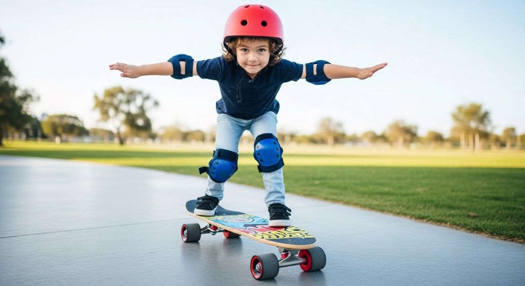 Young child standing confidently on a low deck skateboard on a smooth outdoor surface while wearing a helmet and knee pads