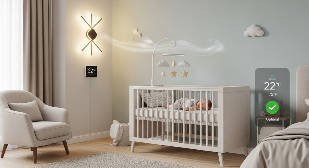 Safe baby crib setup in properly heated nursery room