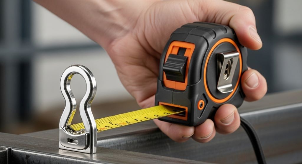 Hand holding durable tape measure with magnetic hook attached to metal surface