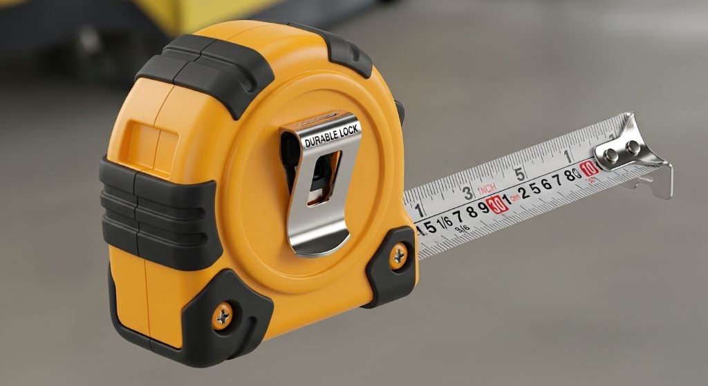 Professional tape measure with yellow case and extended blade showing measurement markings