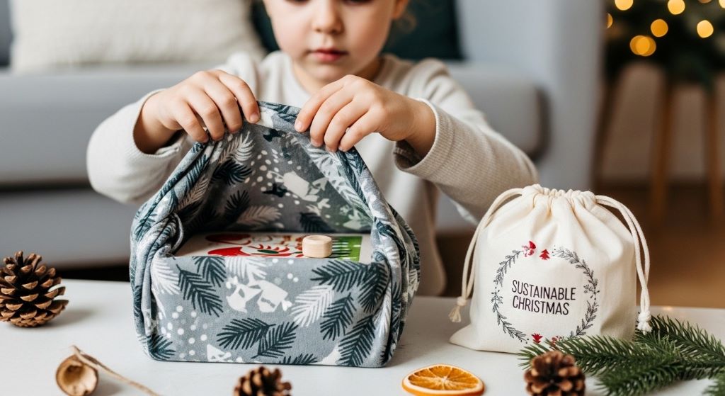 Child opening fabric-wrapped gift with reusable cloth bag showing eco-friendly sustainable Christmas present wrapping technique