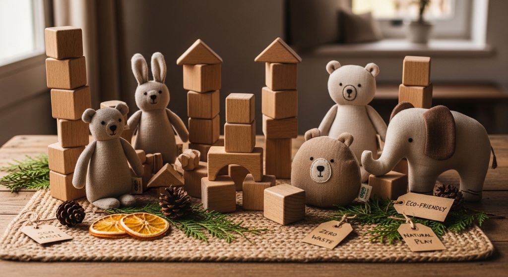 Wooden toy blocks and natural fiber stuffed animals displayed as sustainable zero waste holiday gift options for children