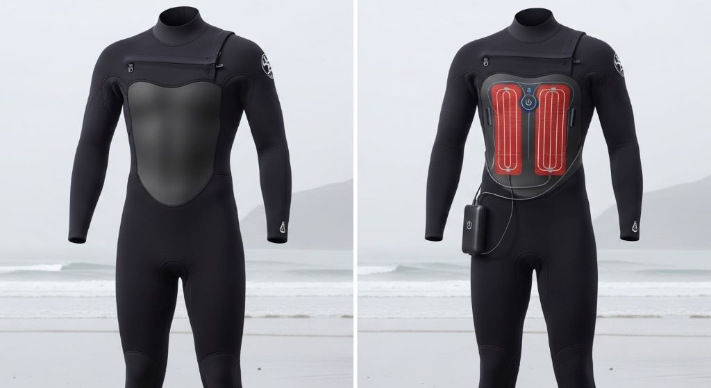 Side-by-side comparison of traditional neoprene wetsuit and heated wetsuit with battery pack for cold water surfing conditions