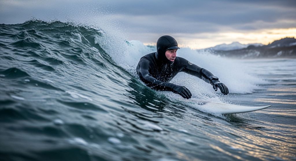 Surfer wearing thick black winter wetsuit with hood and gloves paddling through cold ocean waves during winter surf session
