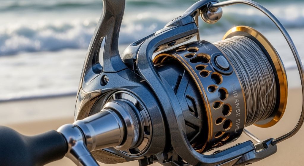 Corrosion resistant spinning reel showing quality construction with sealed components designed for surf casting in saltwater