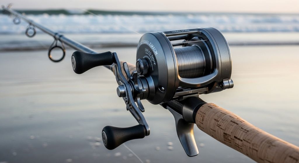 Heavy-duty spinning reel with sealed drag system mounted on surf fishing rod for targeting large saltwater game fish