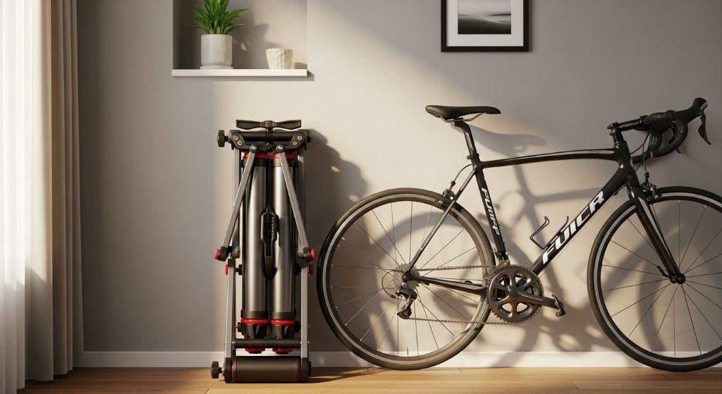 Collapsed portable cycling rollers leaning against wall next to bicycle demonstrating space-saving storage in compact apartment
