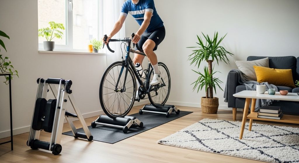 Foldable bike rollers set up in small apartment living room showing compact footprint and easy storage design for indoor cycling
