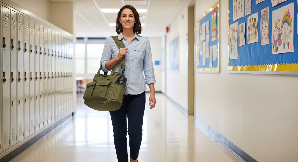 Teacher carrying comfortable shoulder bag while walking through school hallway demonstrating proper weight distribution and ergonomic design