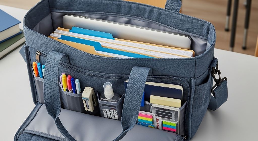 Lightweight teacher tote bag with multiple compartments showing organized storage for laptop, papers, and supplies with padded shoulder straps