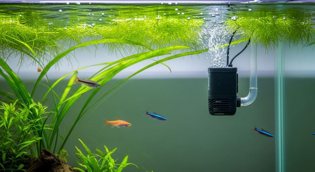 Submersible aquarium pump properly installed with correct water level showing silent operation without air bubbles or splashing