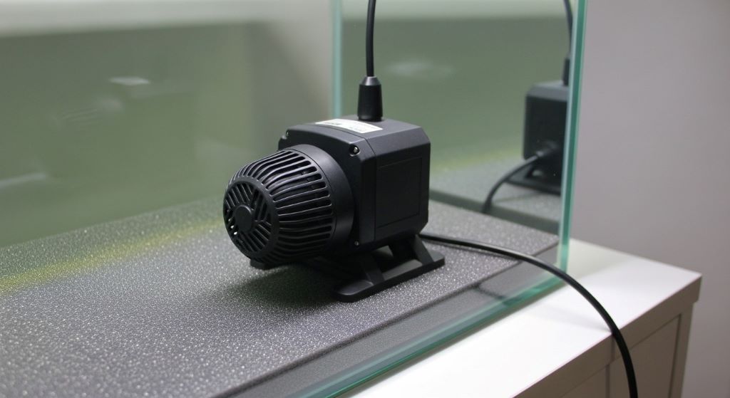 Aquarium pump placed on foam dampening mat underneath fish tank to reduce vibration and noise in quiet room setting