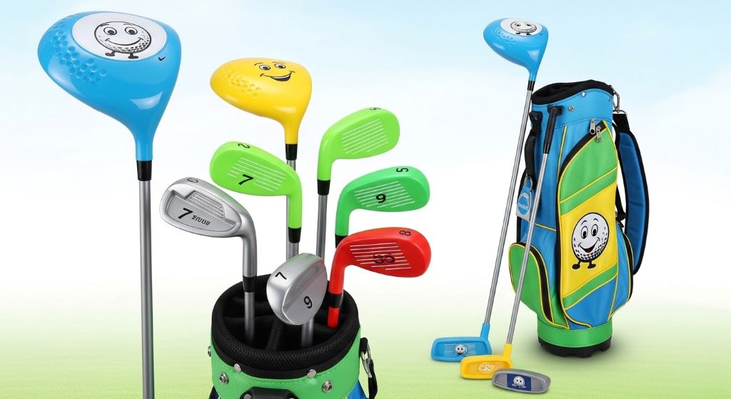 Complete child-friendly golf club set with colorful carry bag showing driver, irons, wedge and putter designed for young beginners